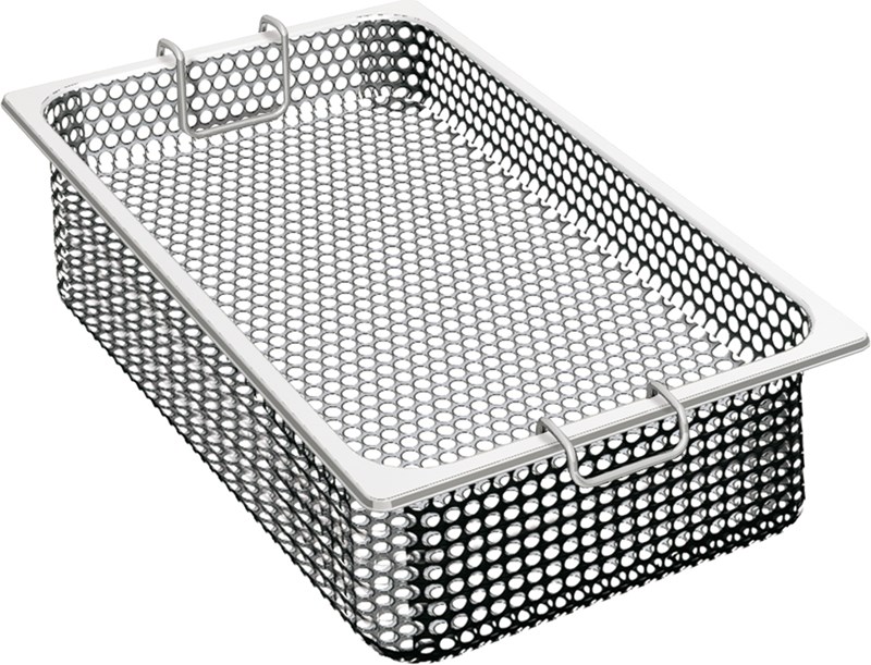 STAINLESS STEEL PERFORATED CONTAINER GN 1/1, HEIGHT 10 CM WITH HANDLES