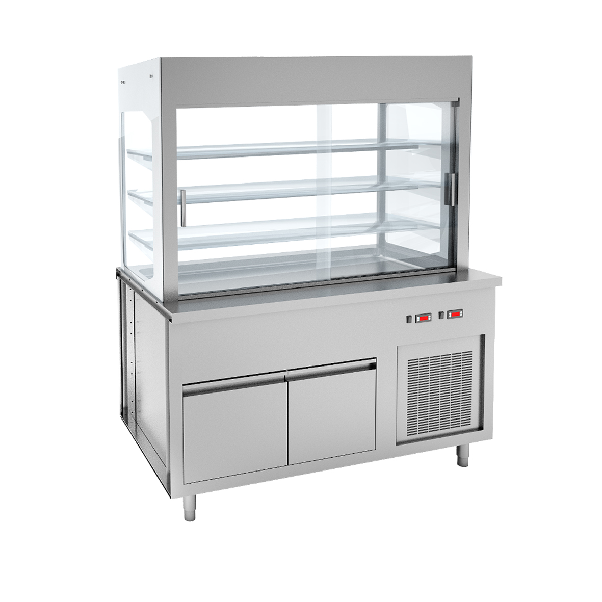 VETRINA 3 LIVELLI CON TENDINA E PIANO REFRIGERATO SU ARMADIO REFRIGERATO - 4 GN