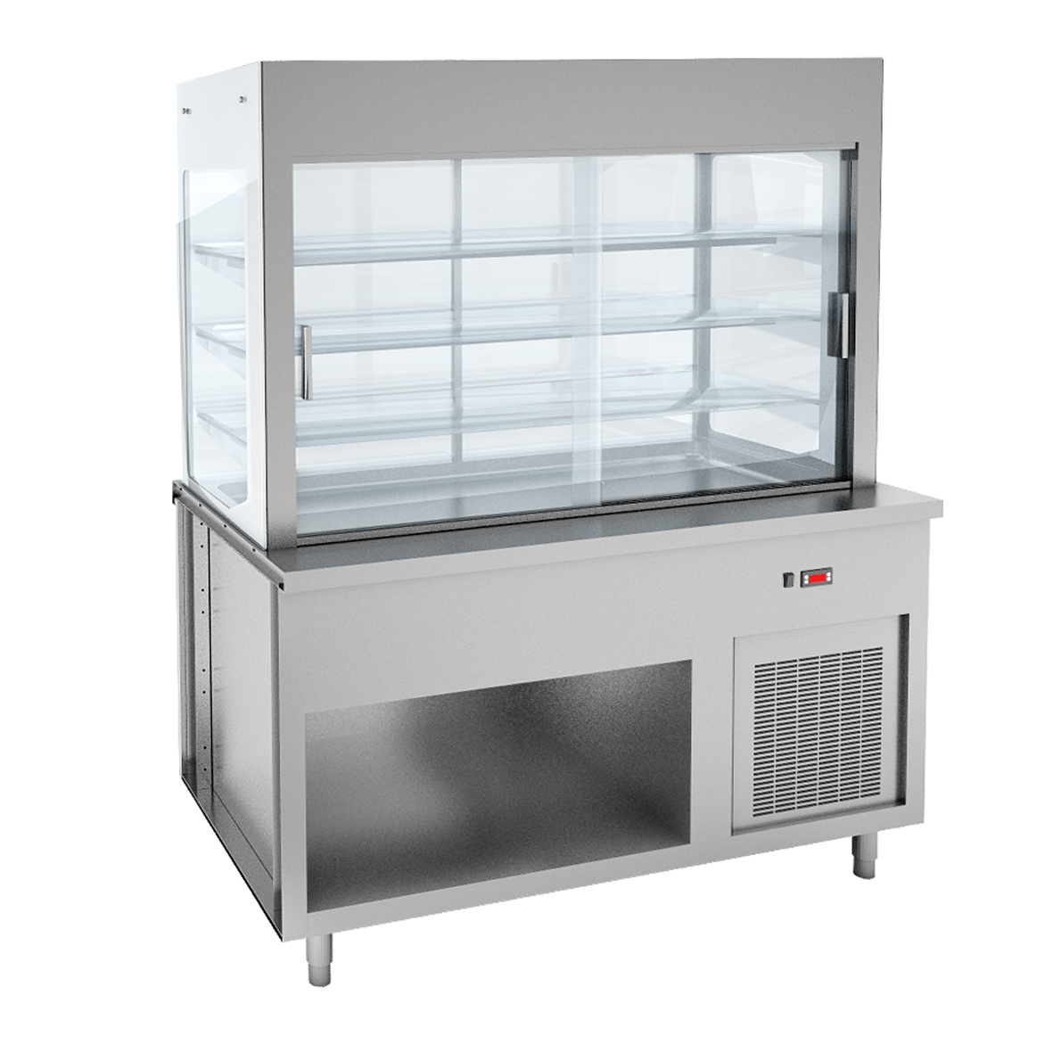 VETRINA 3 LIVELLI CON CLAPPE E PIANO REFRIGERATO SU ARMADIO A GIORNO - 4 GN