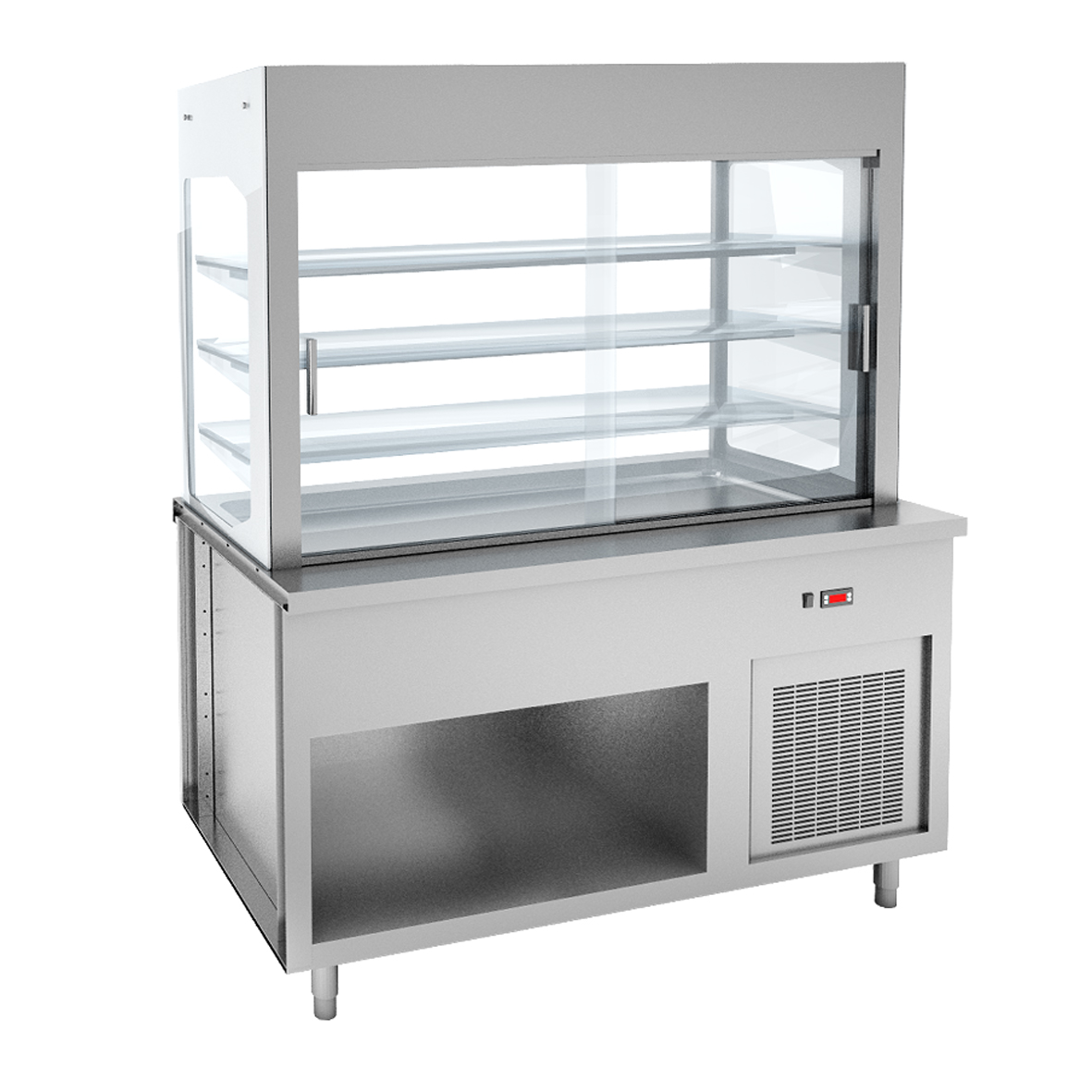 DISPLAY UNIT WITH 3 LEVELS, ROLLER SHUTTERS AND REFRIGERATED WELL ON OPEN CUPBOARD - 4 GN
